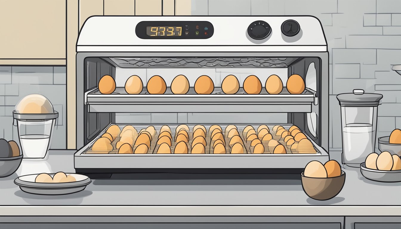 Eggs being dehydrated in a food dehydrator, with a timer and instructions for shelf life and safety