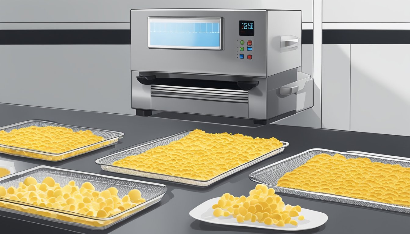 Scrambled eggs being spread out on dehydrator trays, with the dehydrator set to the appropriate temperature