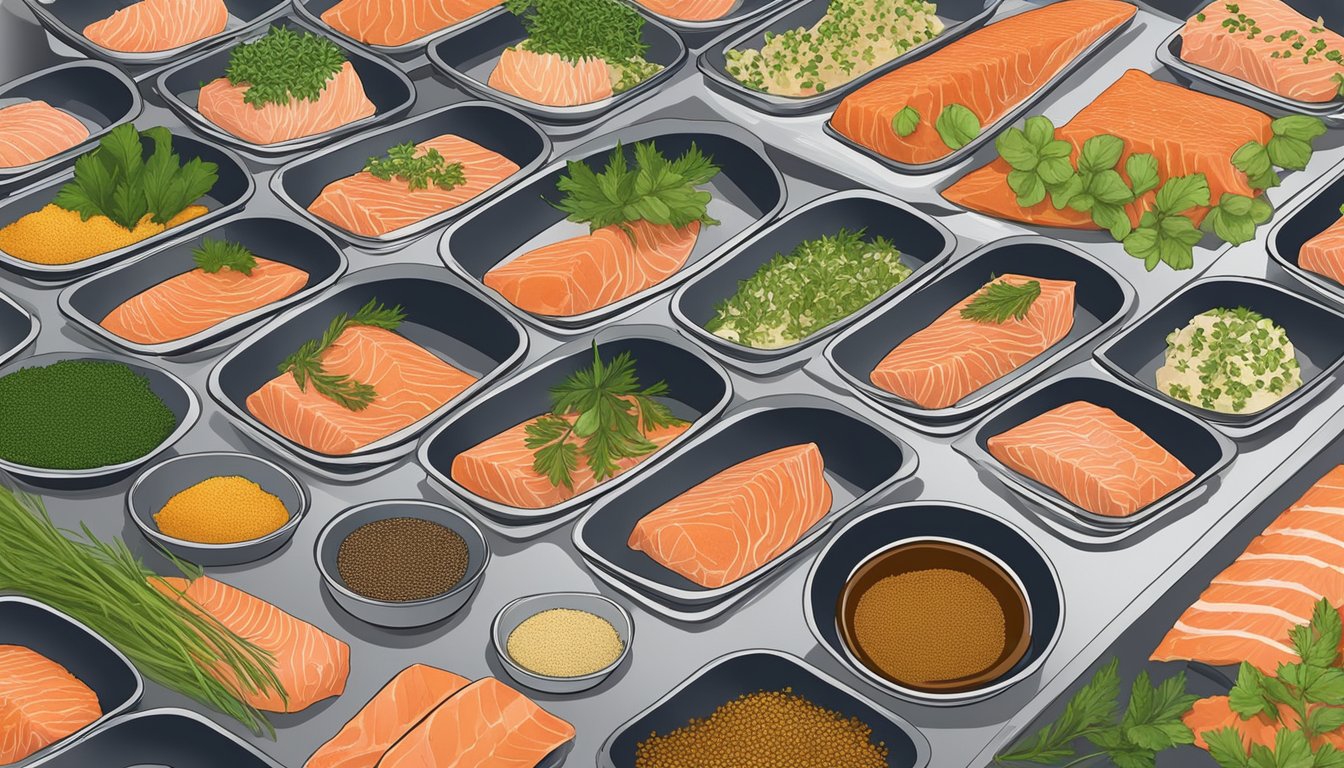 Salmon fillets laid out on dehydrator trays, surrounded by bowls of seasoning and herbs