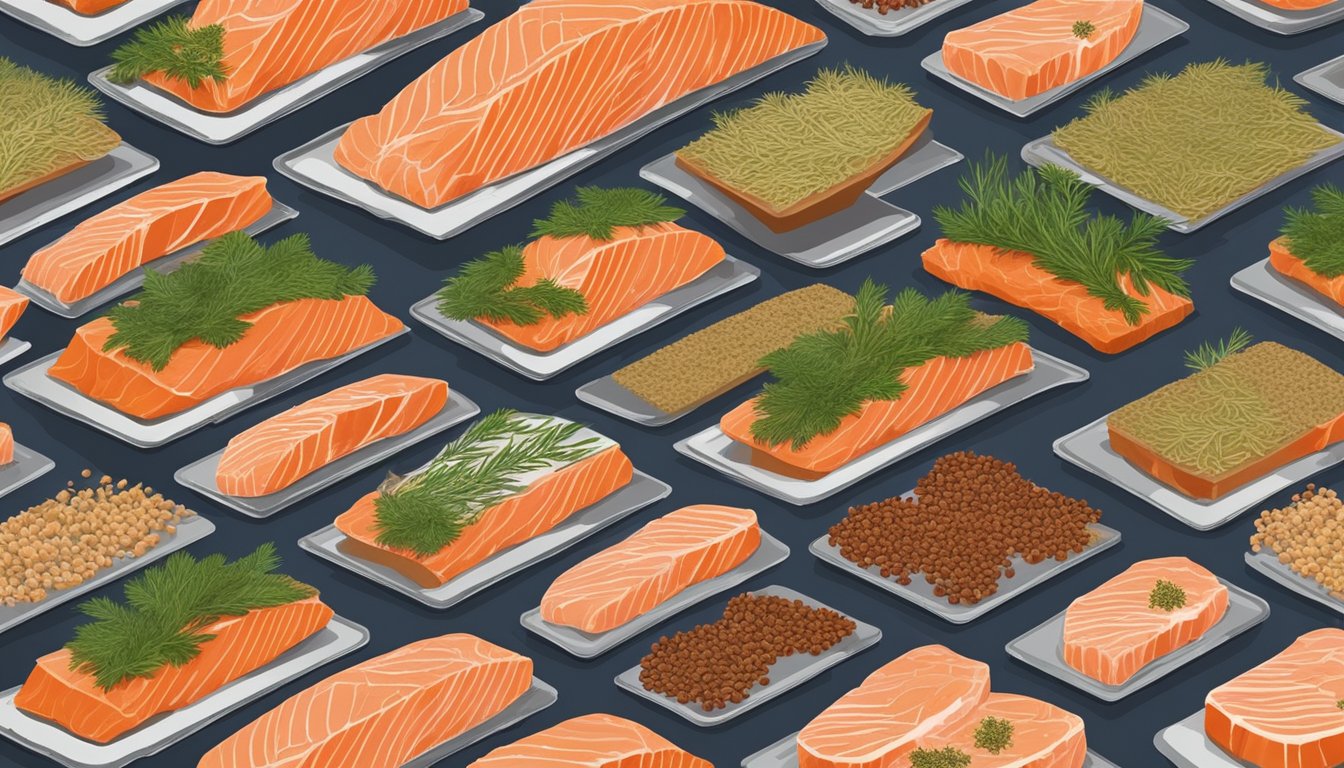 Salmon fillets laid out on dehydrator trays, surrounded by a scattering of herbs and spices