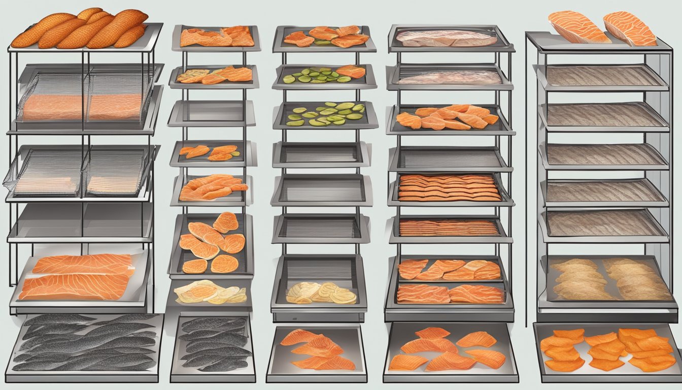 Salmon fillets laid out on dehydrator racks, surrounded by various alternative dehydrating methods such as air-drying, oven-drying, or using a food dehydrator