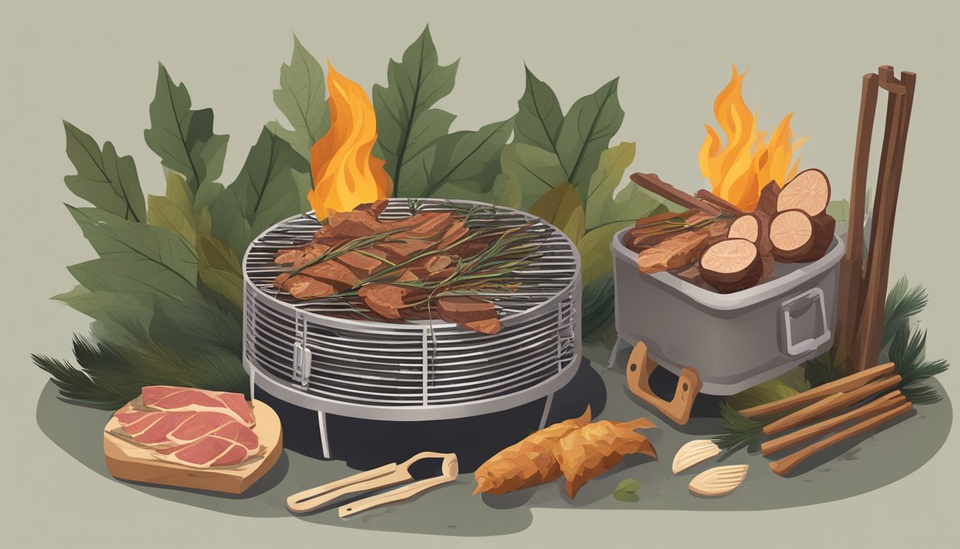 A makeshift dehydrator made of branches and leaves, with strips of meat hanging inside, surrounded by a campfire and various tools