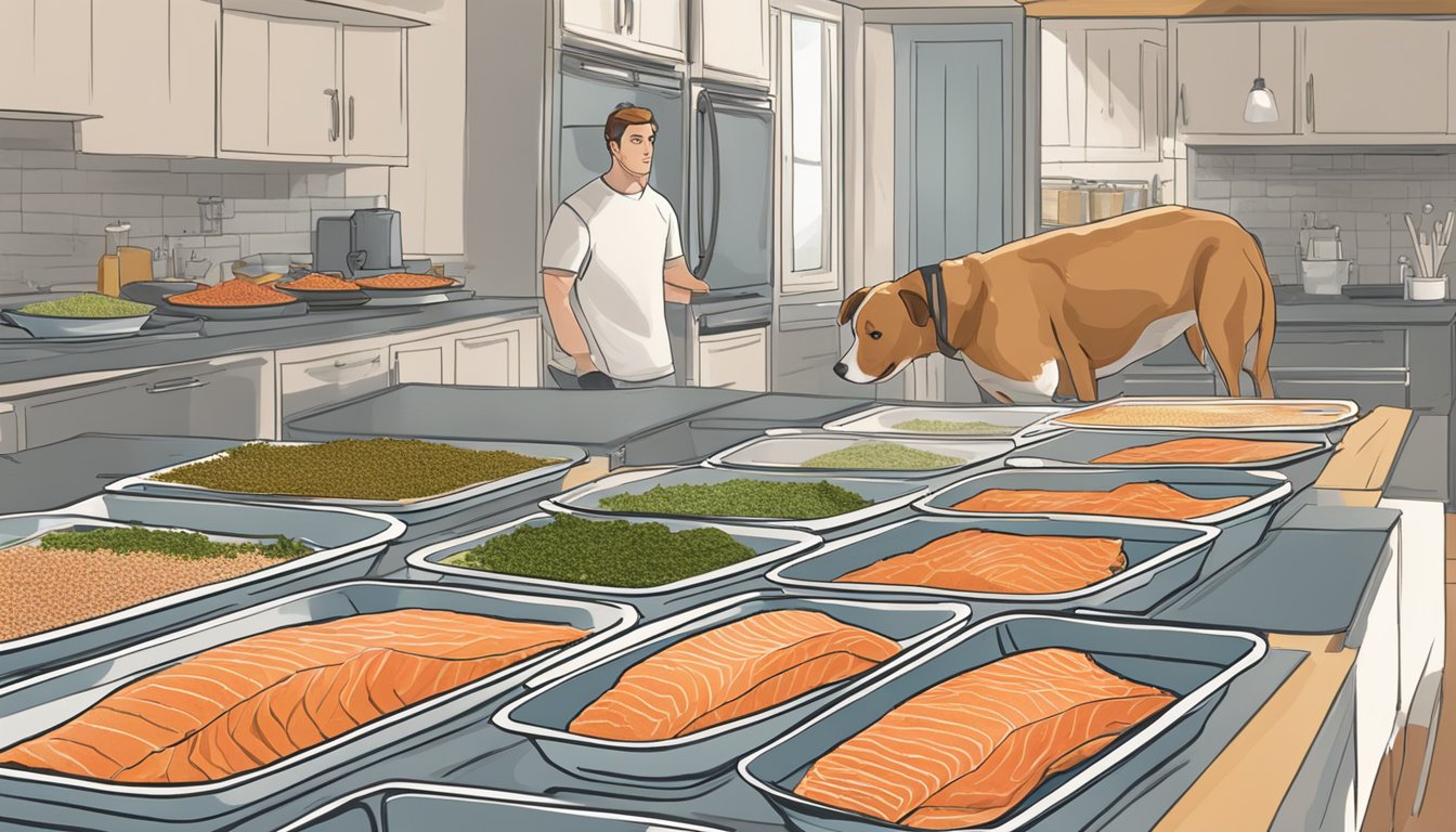 Salmon fillets laid out on dehydrator trays, surrounded by bowls of seasoning and a dog eagerly waiting nearby