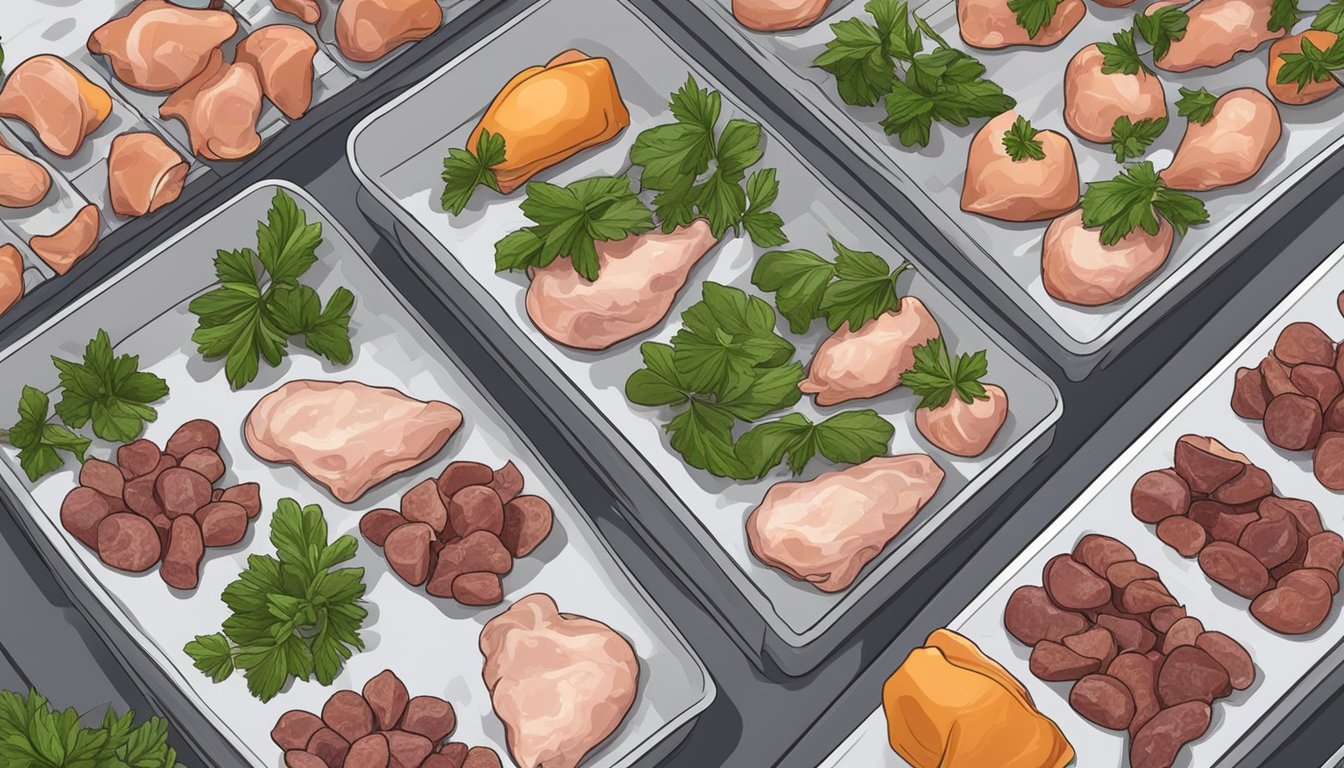 Chicken hearts laid out on a dehydrator tray, surrounded by herbs and seasonings. The dehydrator is set to a low temperature, slowly drying the hearts