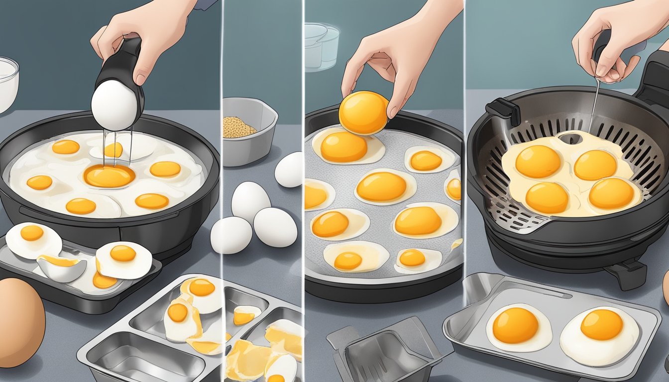 Eggs being cracked and whisked in a bowl, then poured onto air fryer trays for dehydration