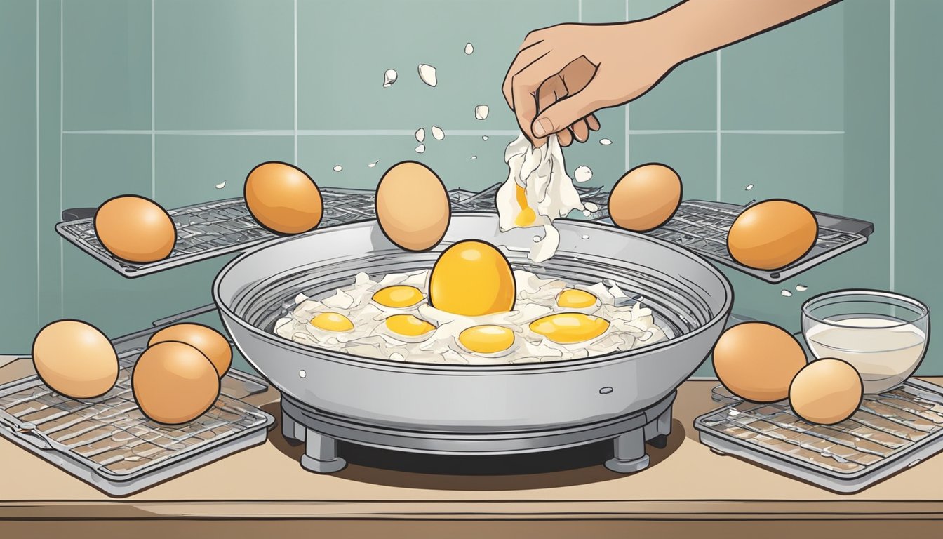 Fresh eggs being cracked into a bowl, whisked, and then spread onto dehydrator trays