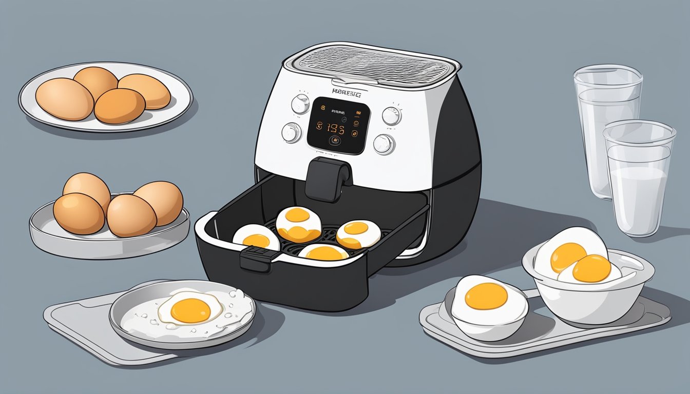 Eggs being dehydrated in an air fryer, with the appliance set to a specific temperature and time, and the eggs placed on a tray inside the fryer