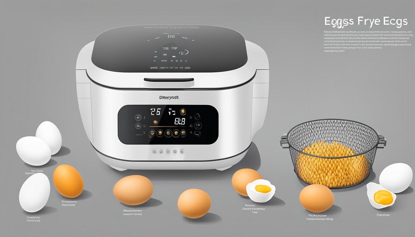 Eggs placed in air fryer basket with temperature and time settings displayed on the control panel. Tray of dehydrated eggs next to traditional dehydrator