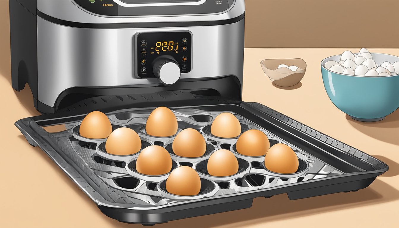 Eggs being placed on air fryer tray, temperature and time settings being adjusted, steam rising from the eggs as they dehydrate