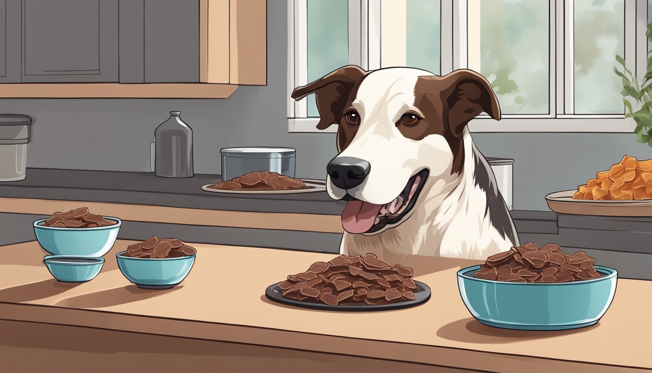 A dog eagerly eats dehydrated beef liver, its tail wagging in excitement. A bowl of sliced liver sits nearby, while a dehydrator hums in the background