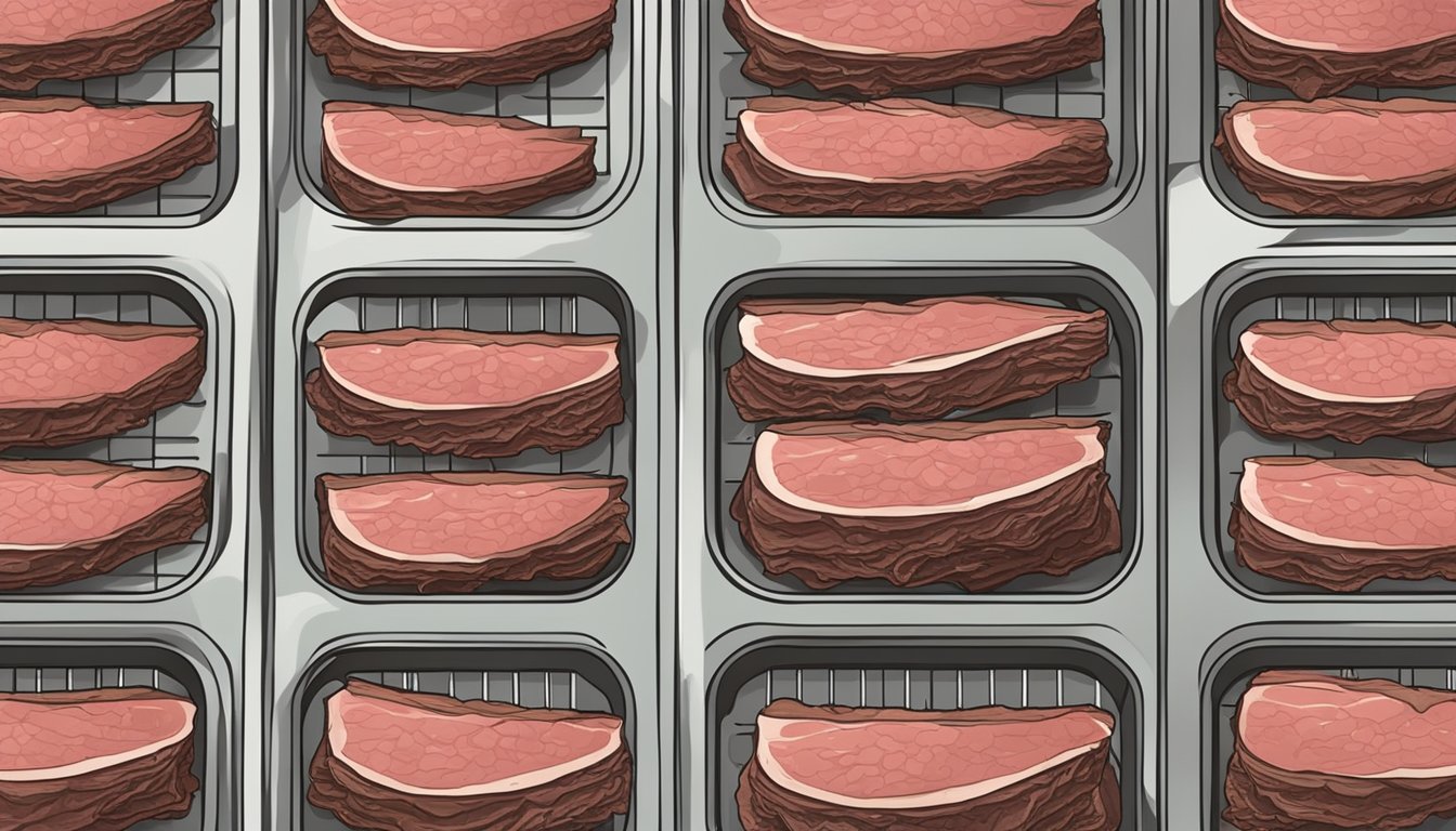 Slices of beef liver laid out on dehydrator trays, surrounded by bowls of seasoning and a knife for preparation