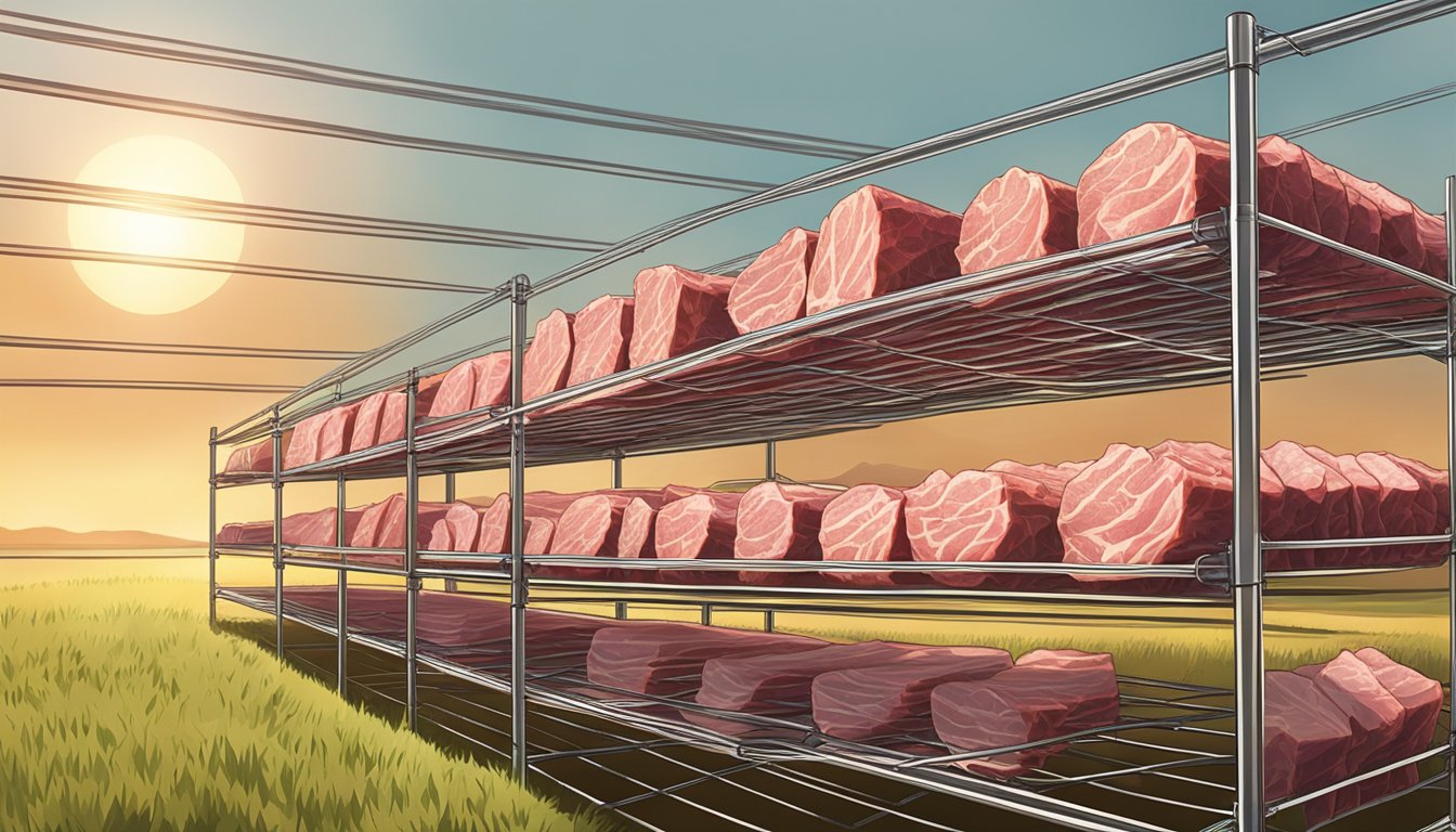 Slices of raw meat laid out on wire racks under the sun