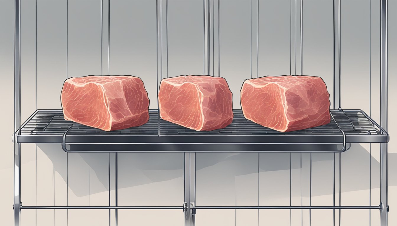 A piece of meat is thinly sliced and laid out on a wire rack, placed in a well-ventilated area with low humidity