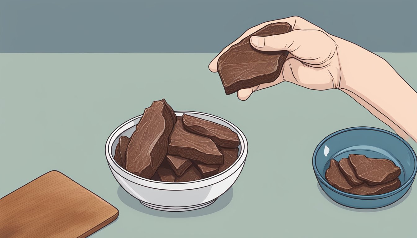 A hand holding a dehydrated beef liver slice next to a dog bowl