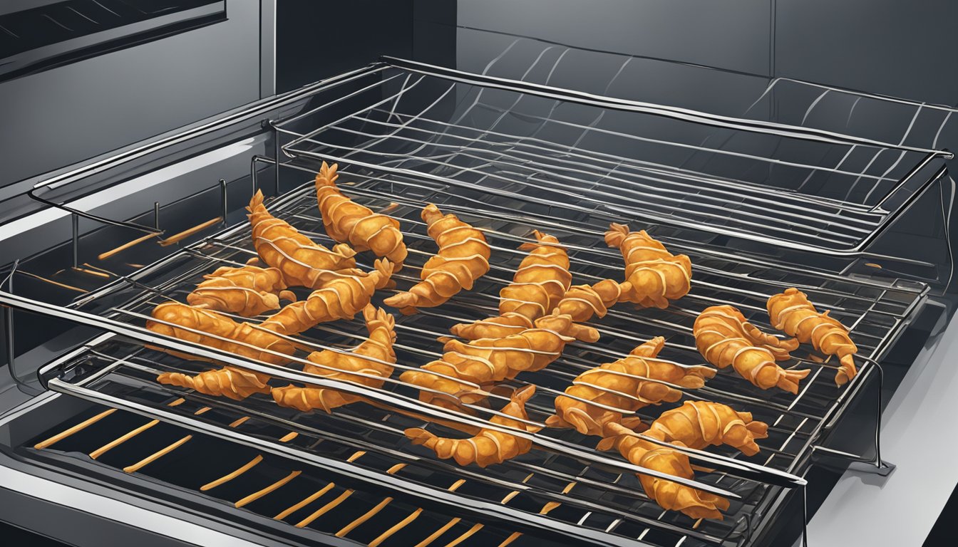 Chicken feet laid out on a wire rack inside an oven, heat waves rising