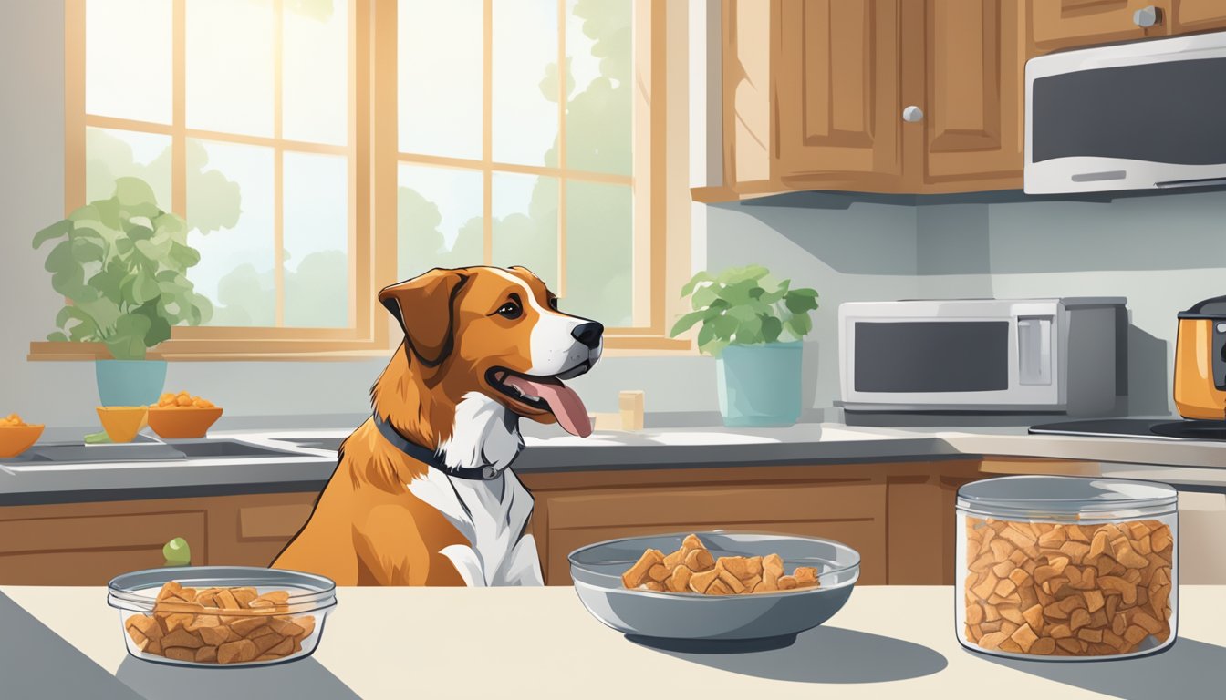 A dog happily eating dehydrated chicken treats from a bowl on a kitchen counter. The dehydrator is visible in the background