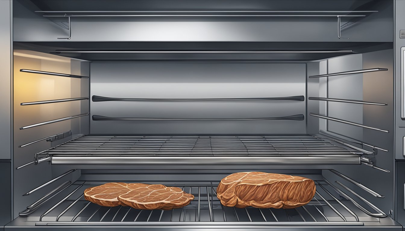 A liver being sliced and placed on a wire rack in an oven, with the oven door closed and the temperature set for dehydration