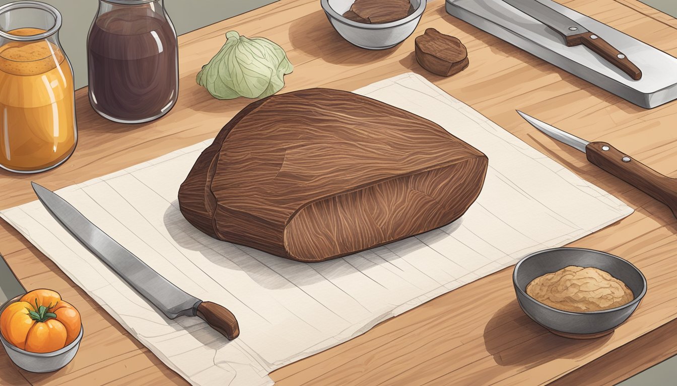 A liver being sliced into thin strips on a cutting board next to a baking sheet lined with parchment paper