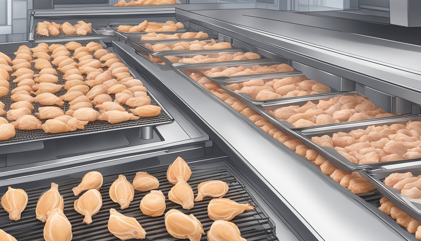 Raw chicken pieces laid out on dehydrator trays, with a dehydrator machine in the background