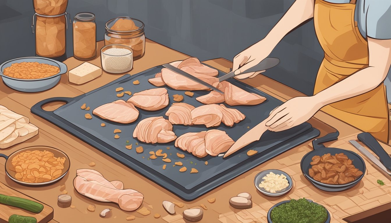 A person slicing raw chicken into thin strips on a cutting board, surrounded by various dehydrating equipment and dog treats