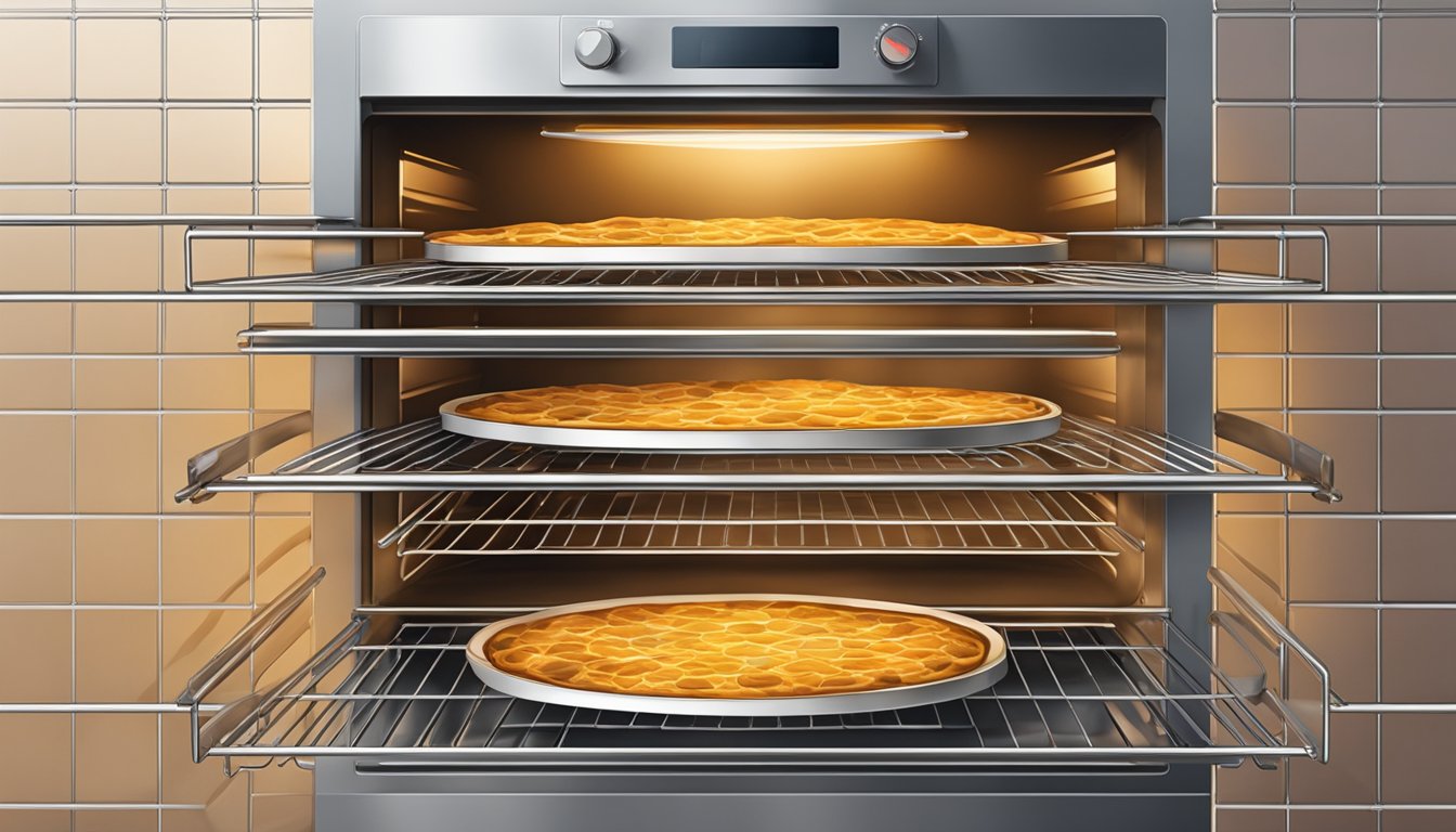 Liver slices placed on wire racks in an oven, with the oven door closed and heat radiating from the oven