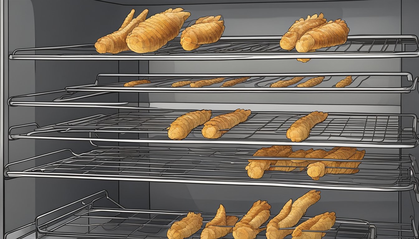 Chicken feet arranged on wire racks in oven, with temperature and timer settings visible