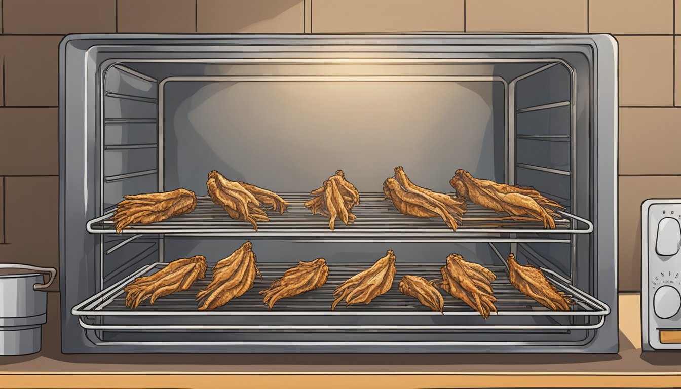 A tray of dehydrated chicken feet sits on a wire rack inside a warm oven. The feet are arranged in a single layer, with the oven door closed and heat emanating from within