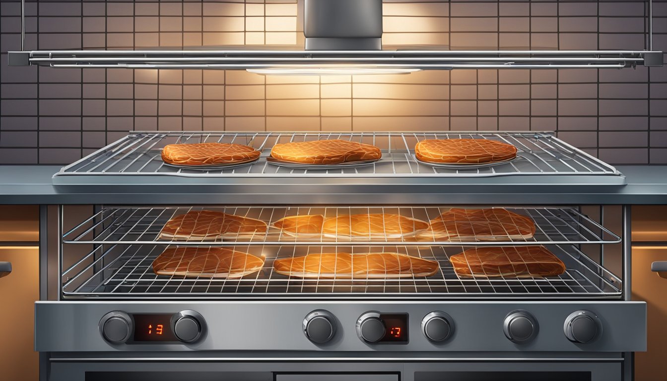 Fresh liver slices spread on wire racks, oven door ajar, heat radiating, timer set, steam rising, kitchen backdrop