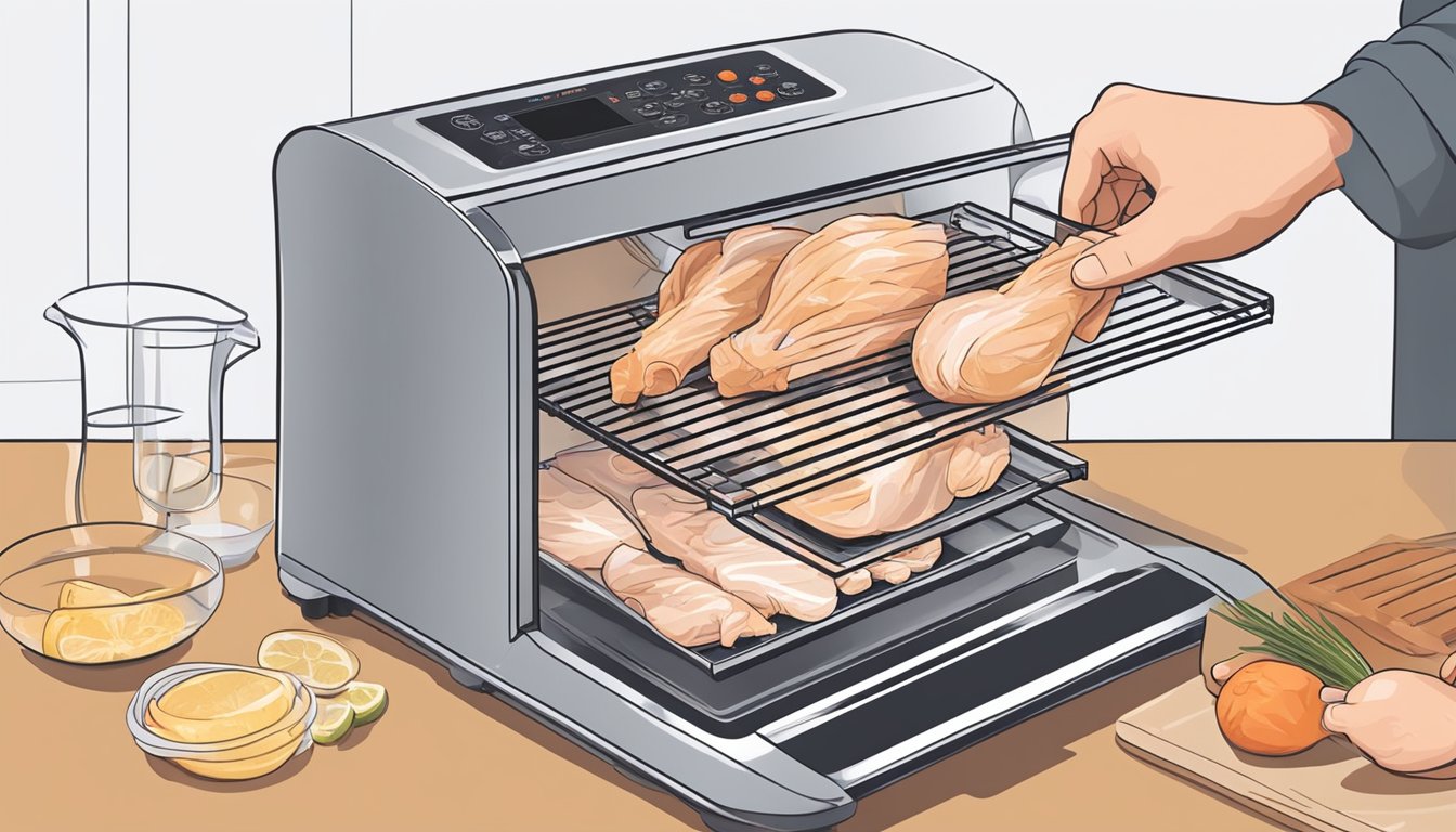 A chef slicing raw chicken into thin strips, placing them on a dehydrator tray, and adjusting the temperature settings