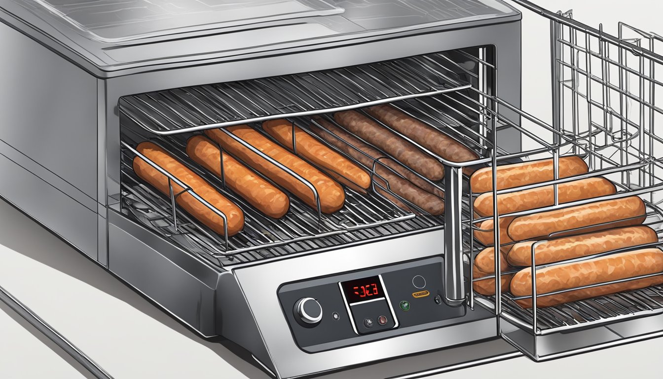 Sausages laid out on a wire rack inside a food dehydrator, with the machine's temperature and timer settings being adjusted