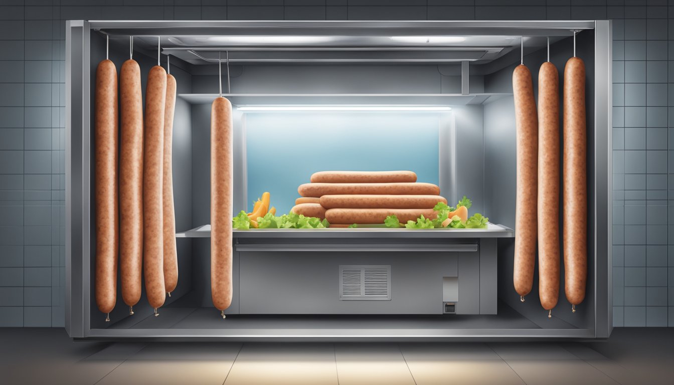 A sausage hanging in a temperature and humidity-controlled chamber