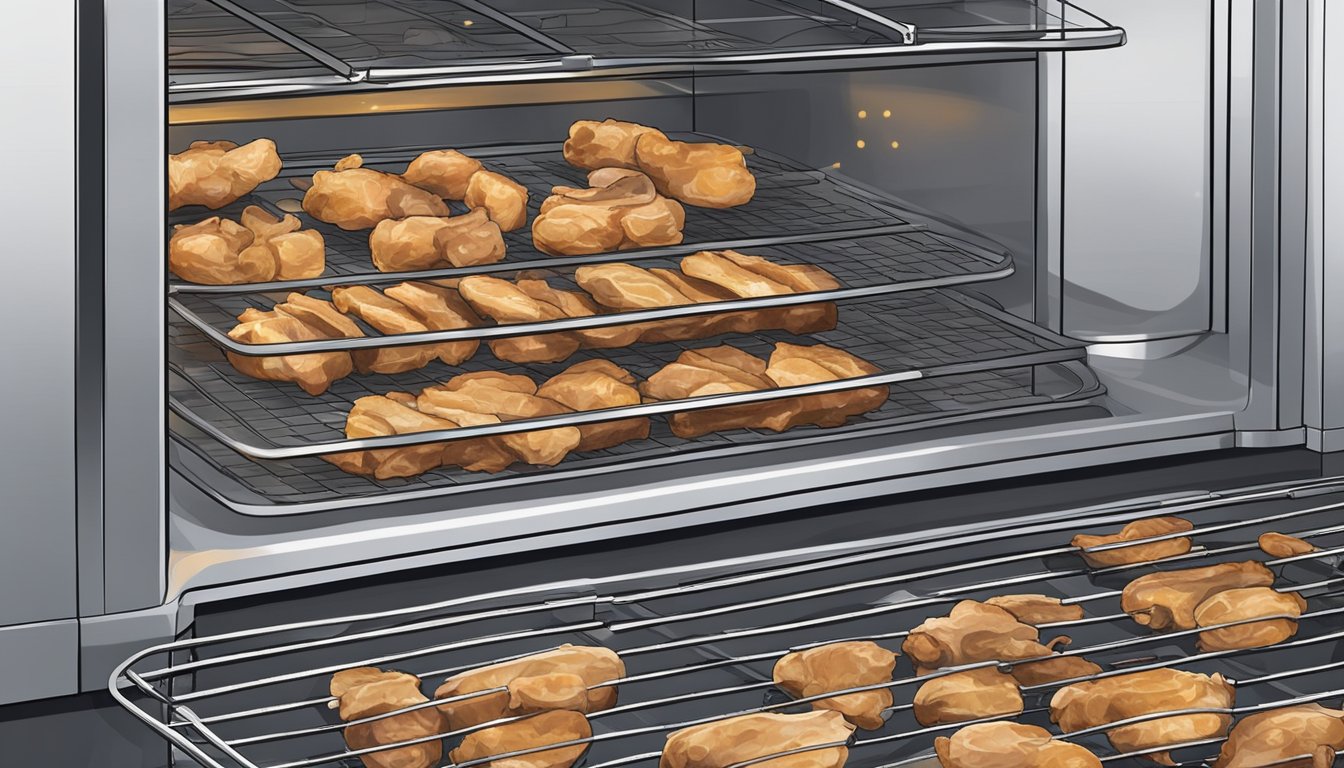 Fresh chicken livers laid out on a wire rack inside a food dehydrator, with the machine's temperature and timer settings visible