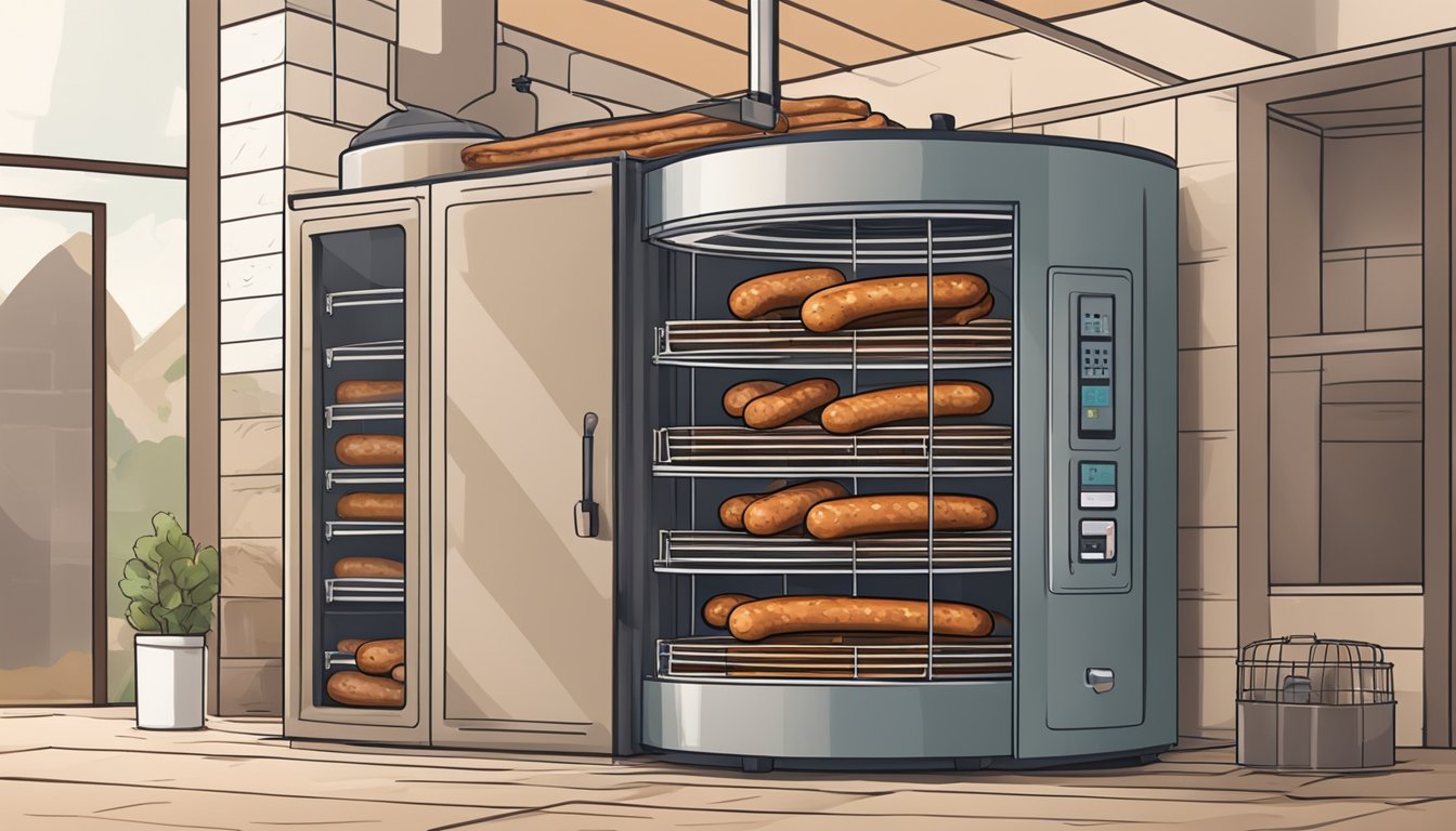 Sausages hanging in a dry, well-ventilated area with a dehydrator nearby