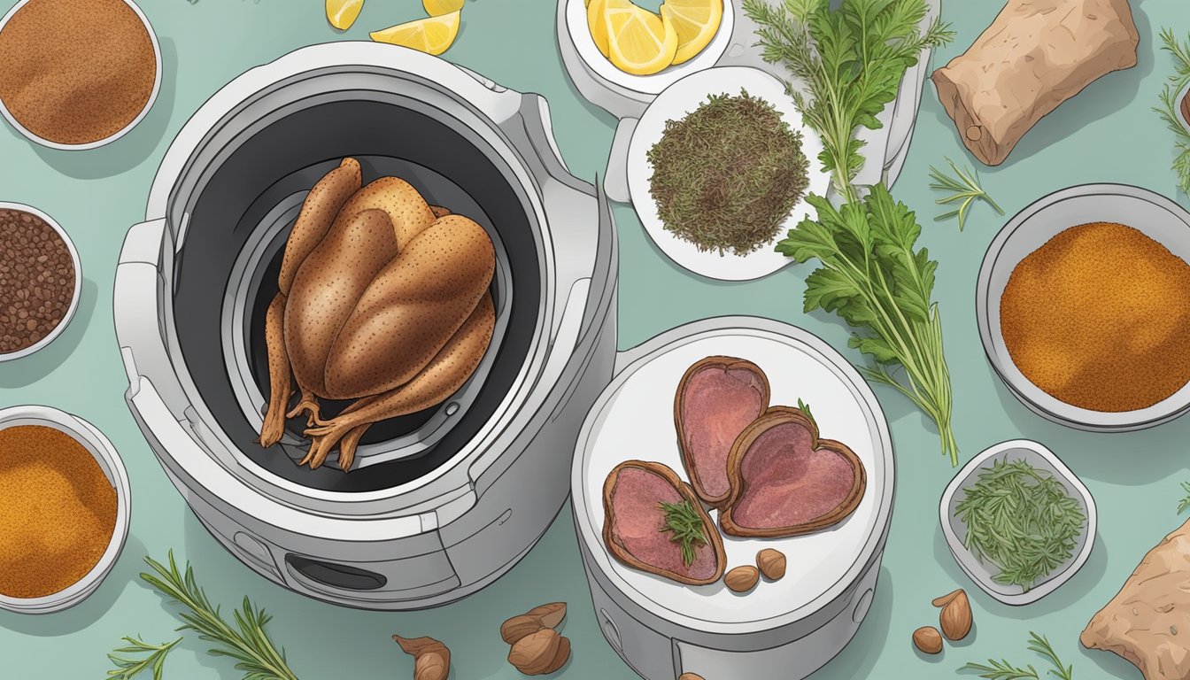 A chicken heart placed inside an air fryer, surrounded by dehydrated herbs and spices