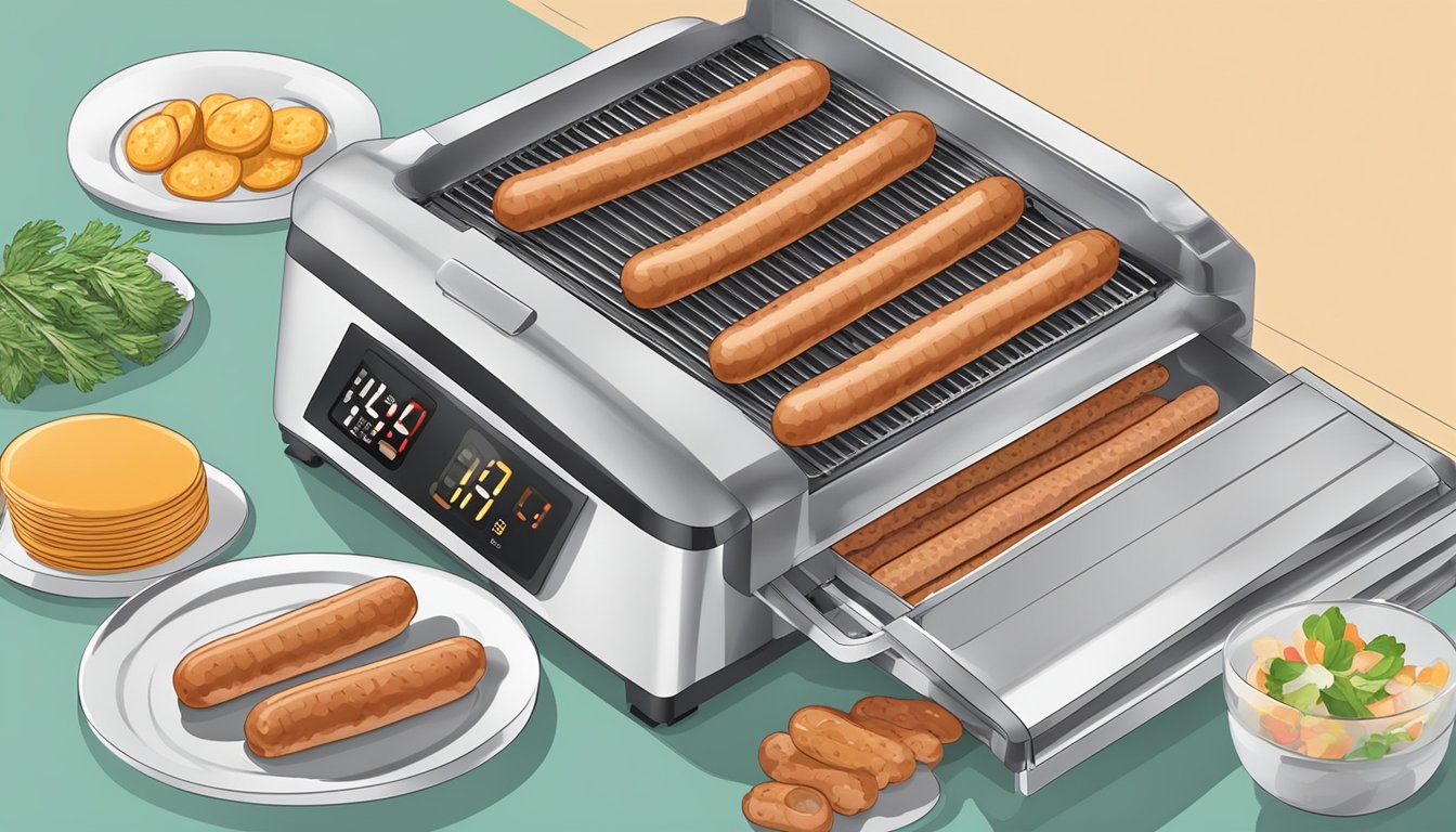 Sausages being placed on dehydrator trays, temperature gauge set, and timer being adjusted