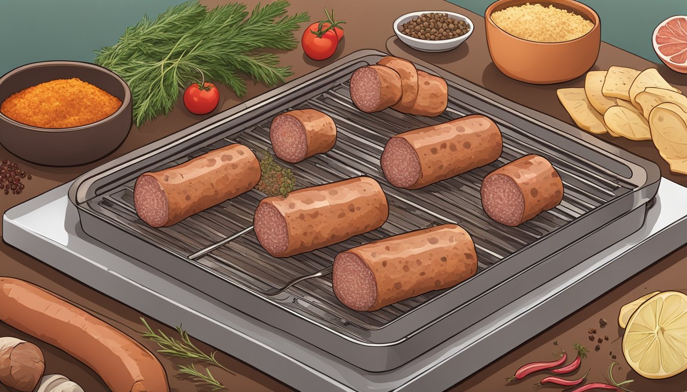 Sausage slices arranged on dehydrator trays, surrounded by herbs and spices. A knife and cutting board sit nearby