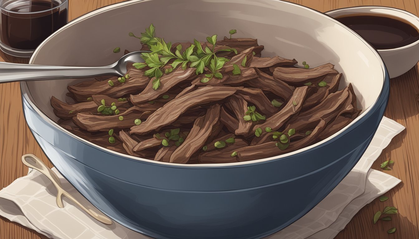 A bowl of venison strips soaking in a mixture of soy sauce, Worcestershire sauce, garlic, onion, and spices. A measuring cup and spoon sit nearby