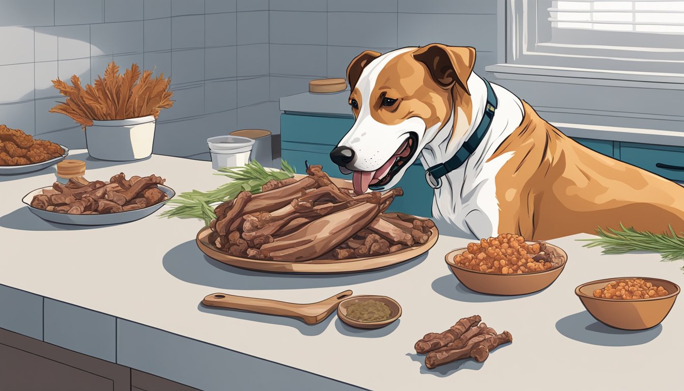 A dog happily chews on a dehydrated turkey neck, surrounded by a pile of dried turkey necks on a clean kitchen counter