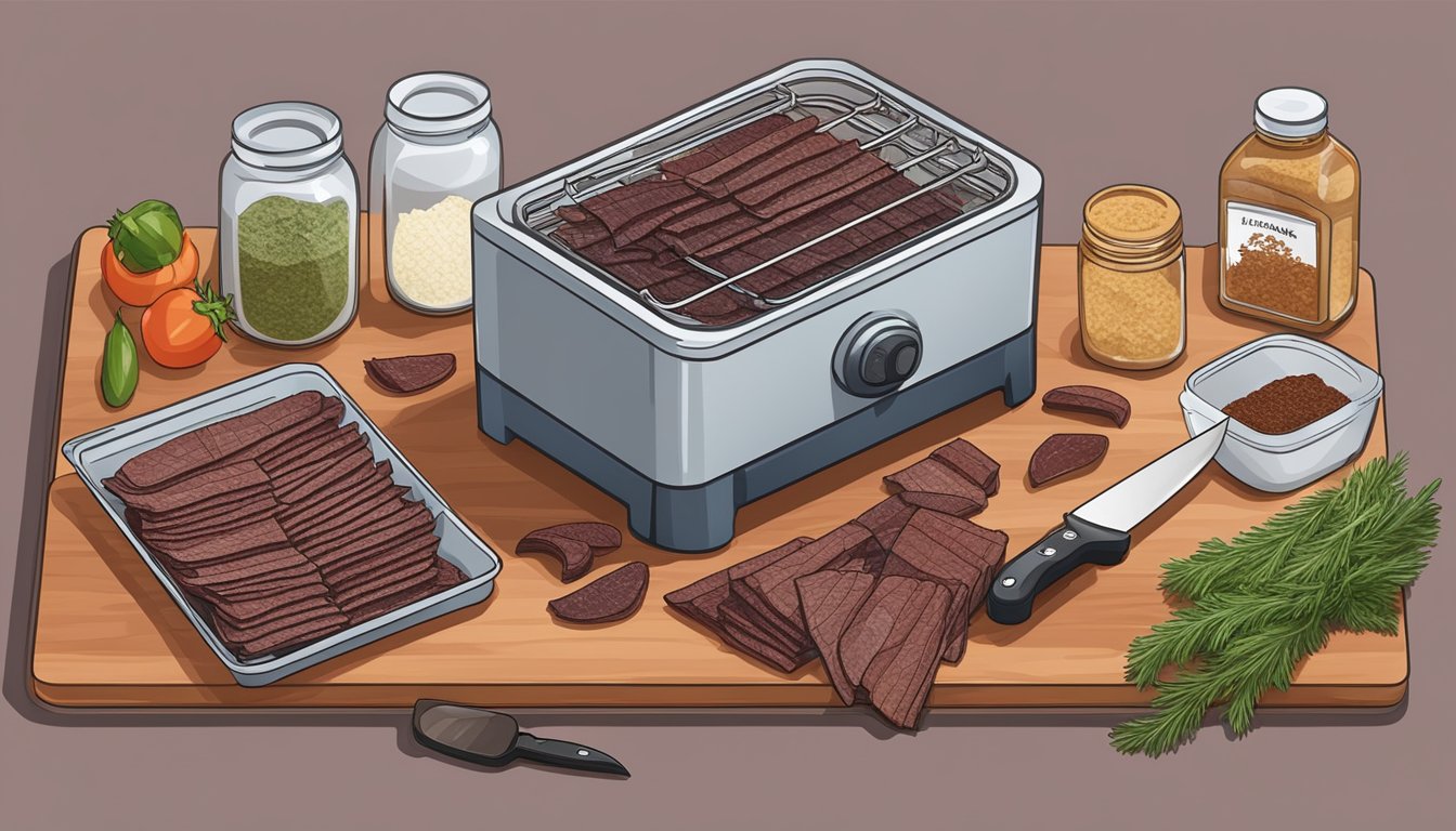 A dehydrator filled with sliced venison jerky, set on a kitchen counter next to a cutting board, knife, and seasoning ingredients