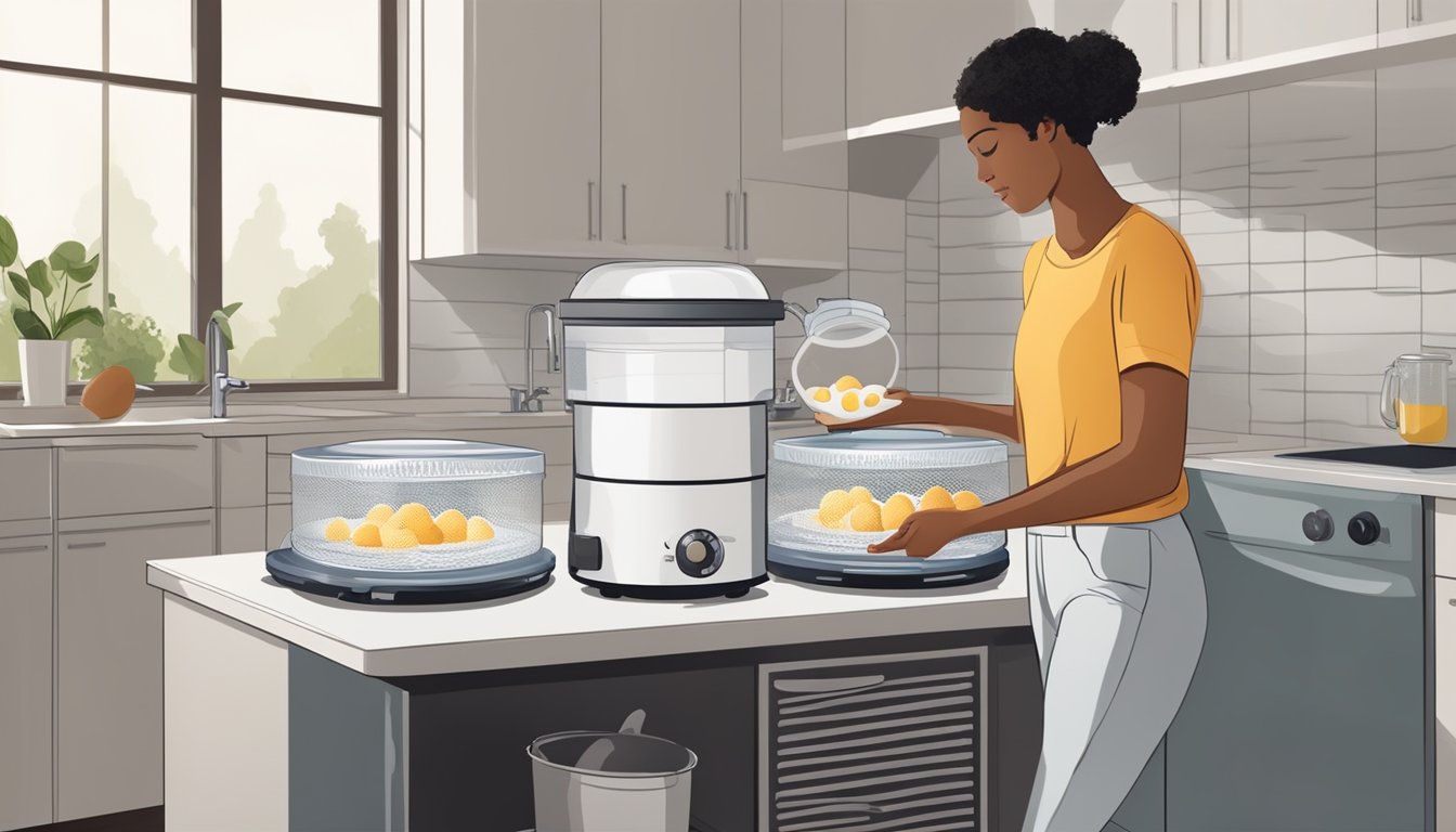 A person using a food dehydrator to dry out egg whites in a well-ventilated and clean kitchen environment