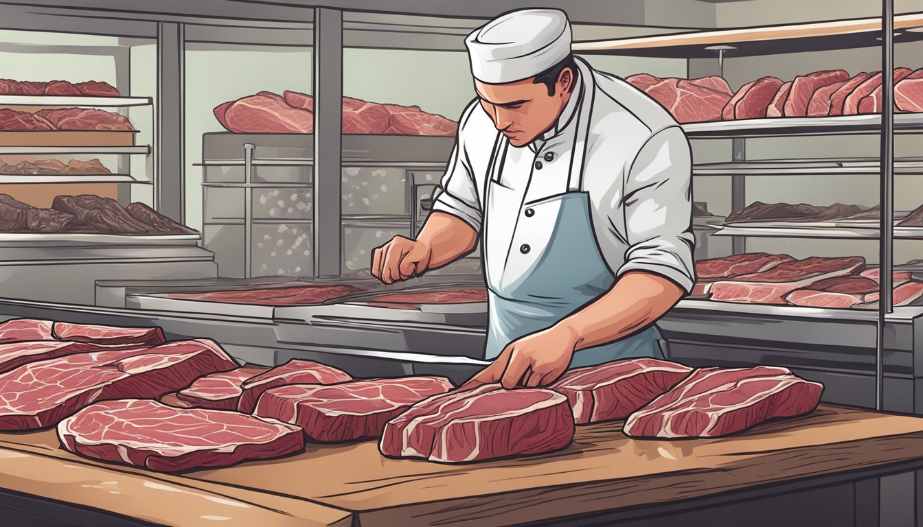 A butcher selecting a prime cut of steak for dehydration