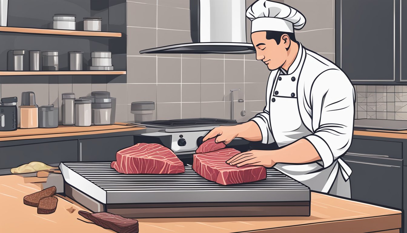 A chef slices raw steak into thin strips on a cutting board next to a dehydrator