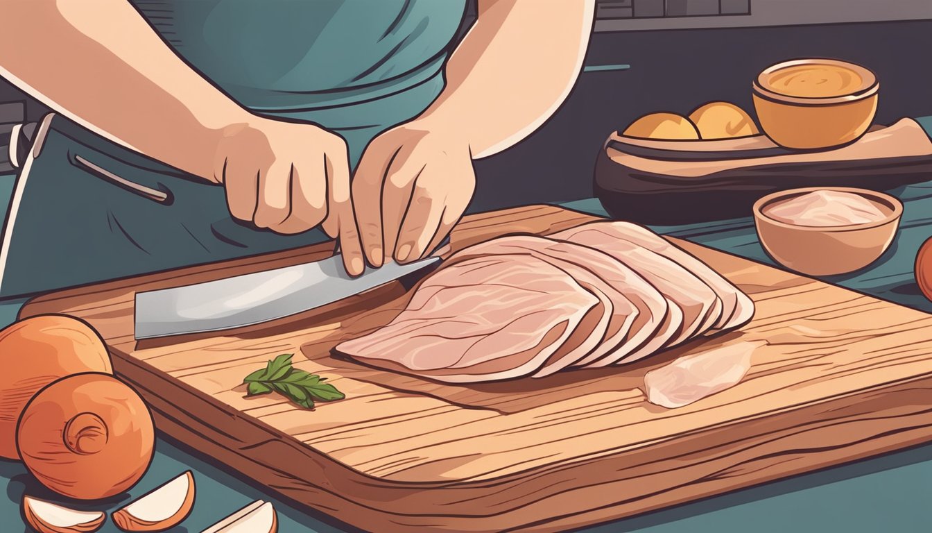 A person slicing raw chicken breast into thin strips on a cutting board