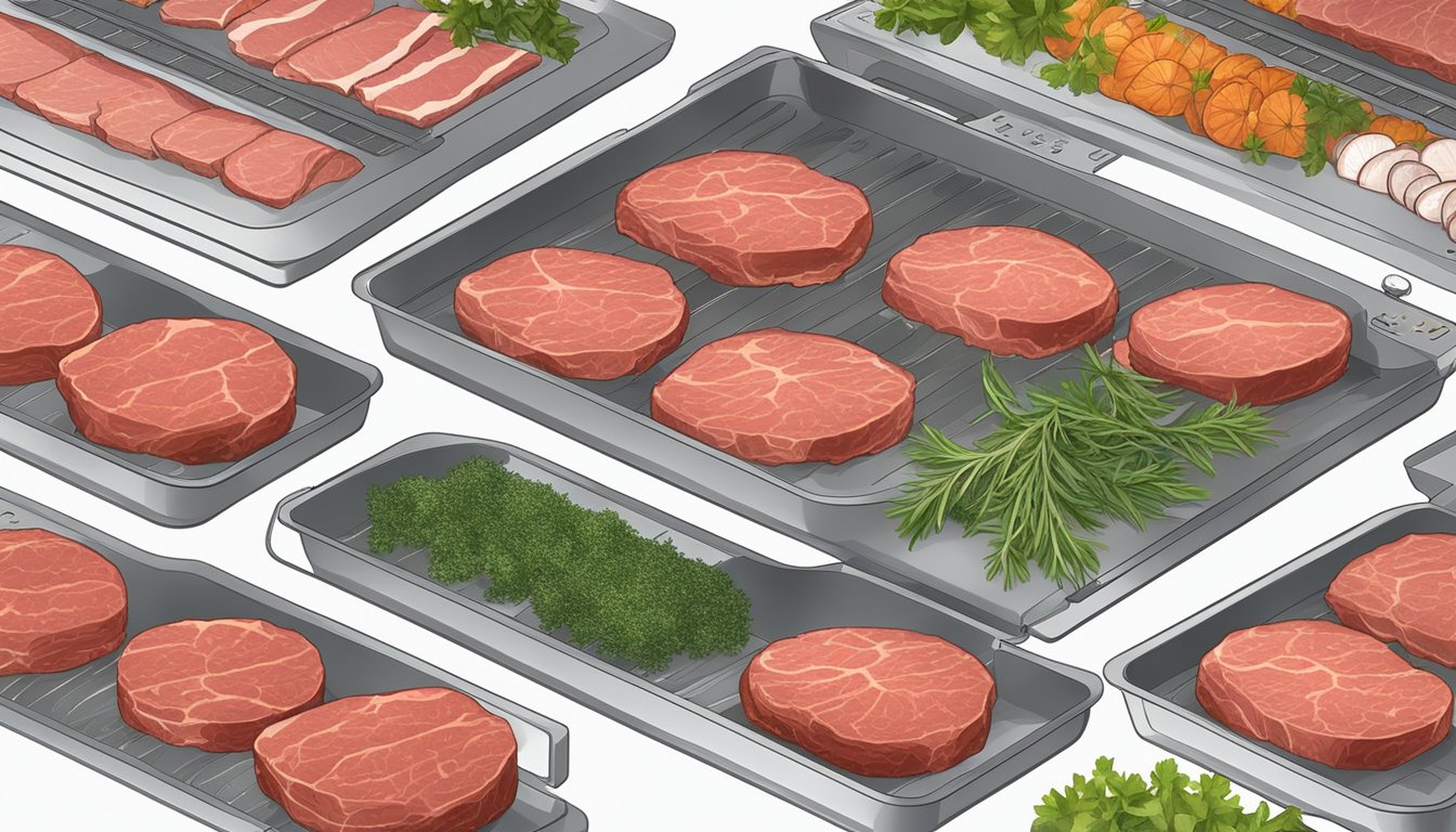 Slices of raw steak placed on dehydrator trays, surrounded by seasonings and herbs. Temperature and timer settings displayed on the dehydrator control panel