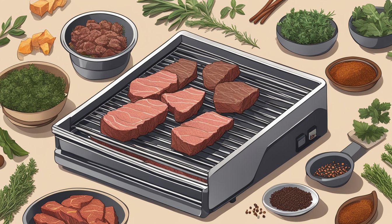 Slices of steak laid out on dehydrator trays, surrounded by herbs and spices. The dehydrator is humming softly, slowly transforming the meat into jerky