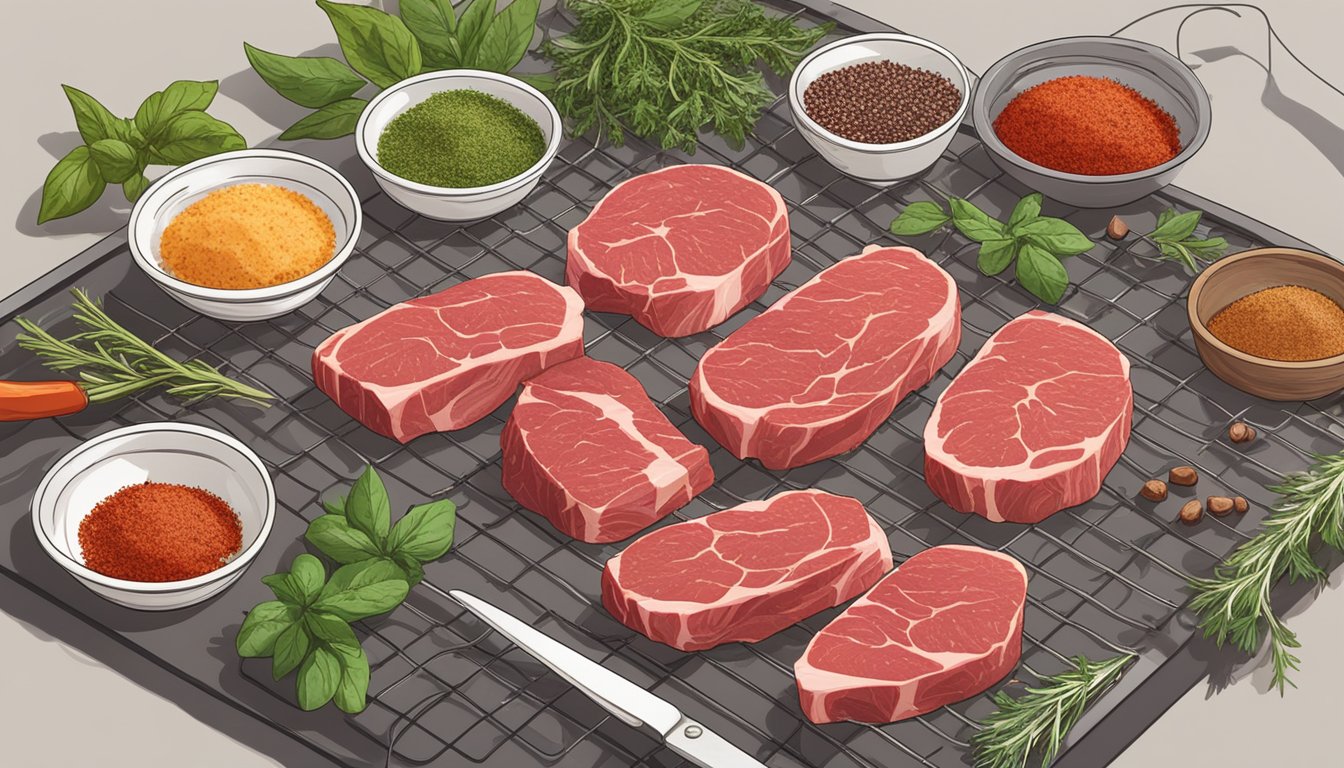 Slices of raw steak laid out on a wire rack, surrounded by various herbs and spices, with a dehydrator in the background