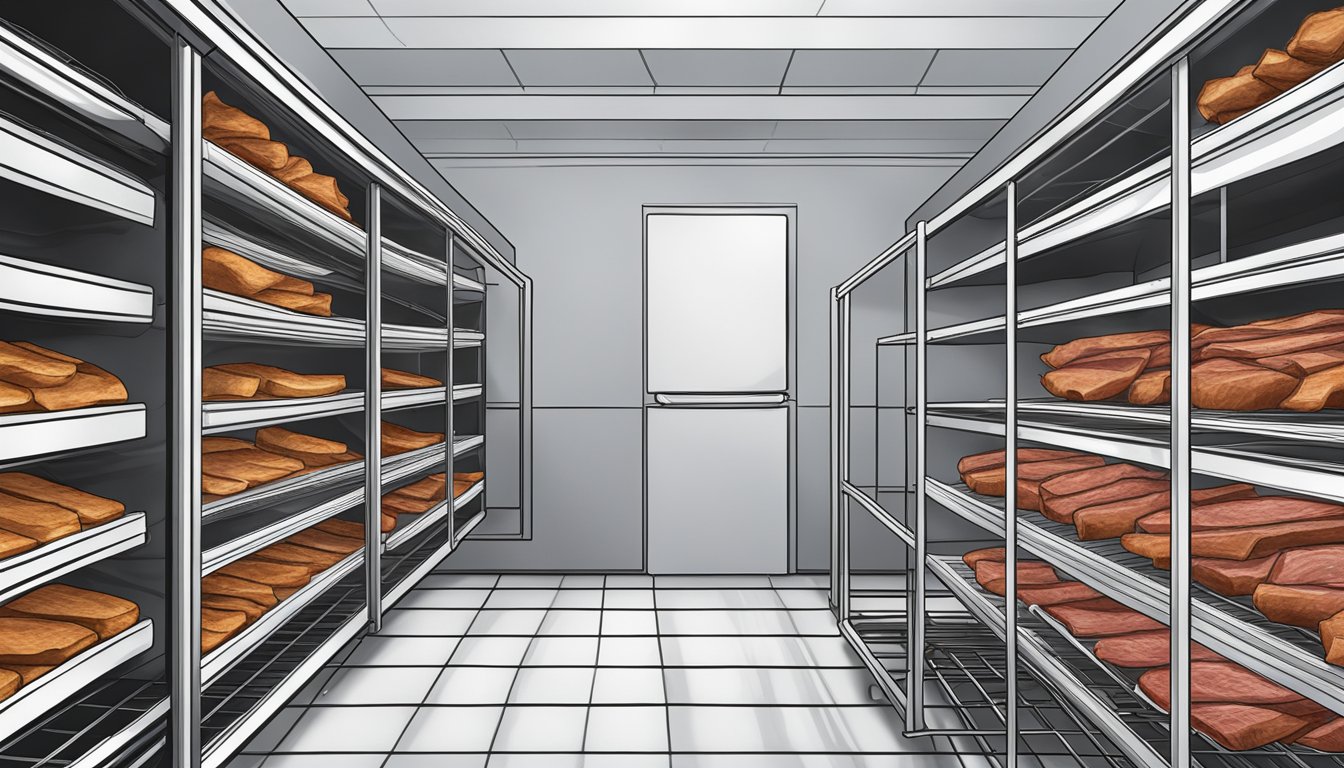 Slices of deer meat laid out on wire racks in an oven, with the door slightly ajar to allow for air circulation while dehydrating