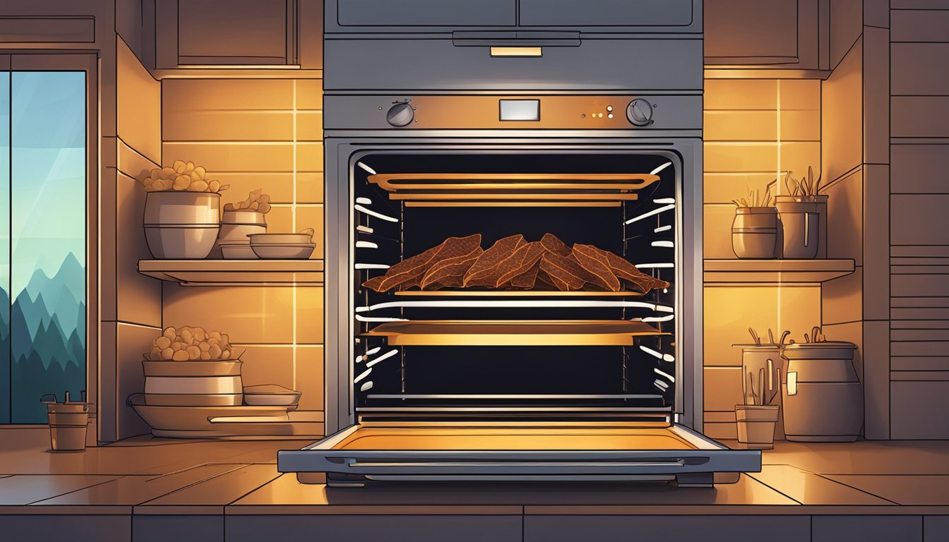 A deer jerky rack sits in the center of a modern oven, surrounded by the warm glow of the heating elements