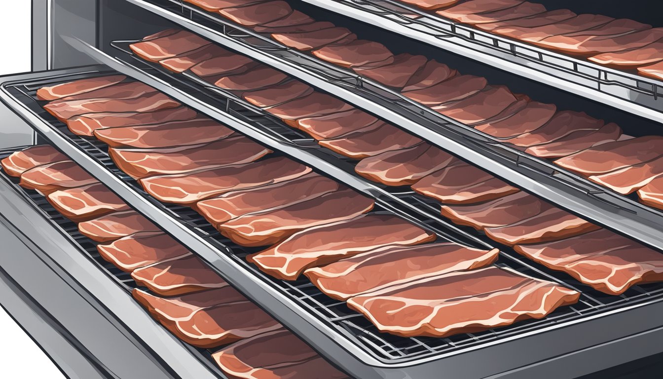 Slices of marinated deer meat arranged on wire racks inside a hot oven, with the warm air circulating around them as they slowly dehydrate