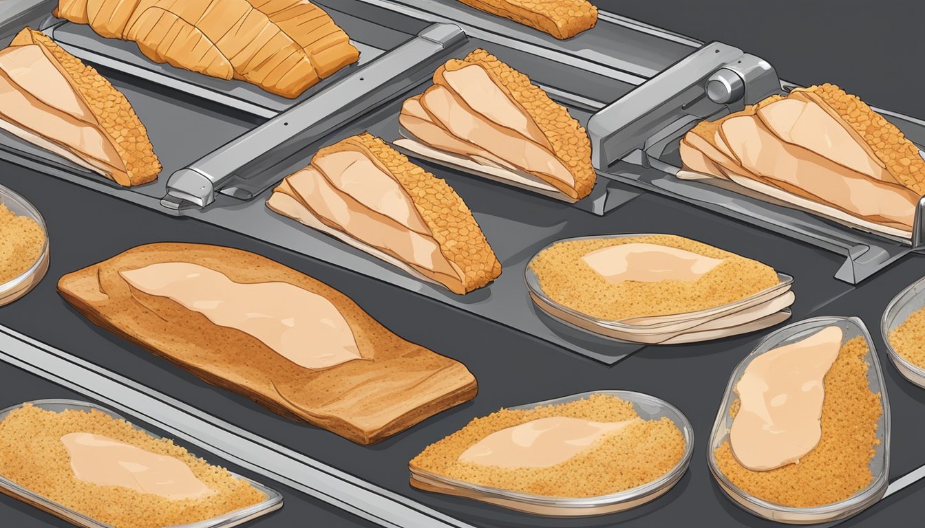 Slices of chicken breast laid out on a dehydrator tray, with seasonings sprinkled on top and the machine turned on